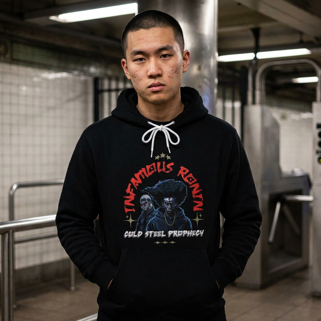 Infamous Ronin: Cold Steel Prophecy Faux Album Pullover Hoodie | Afro Samurai x Moob Deep Mashup Hip-Hop Hoodie, Anime Fan Gift