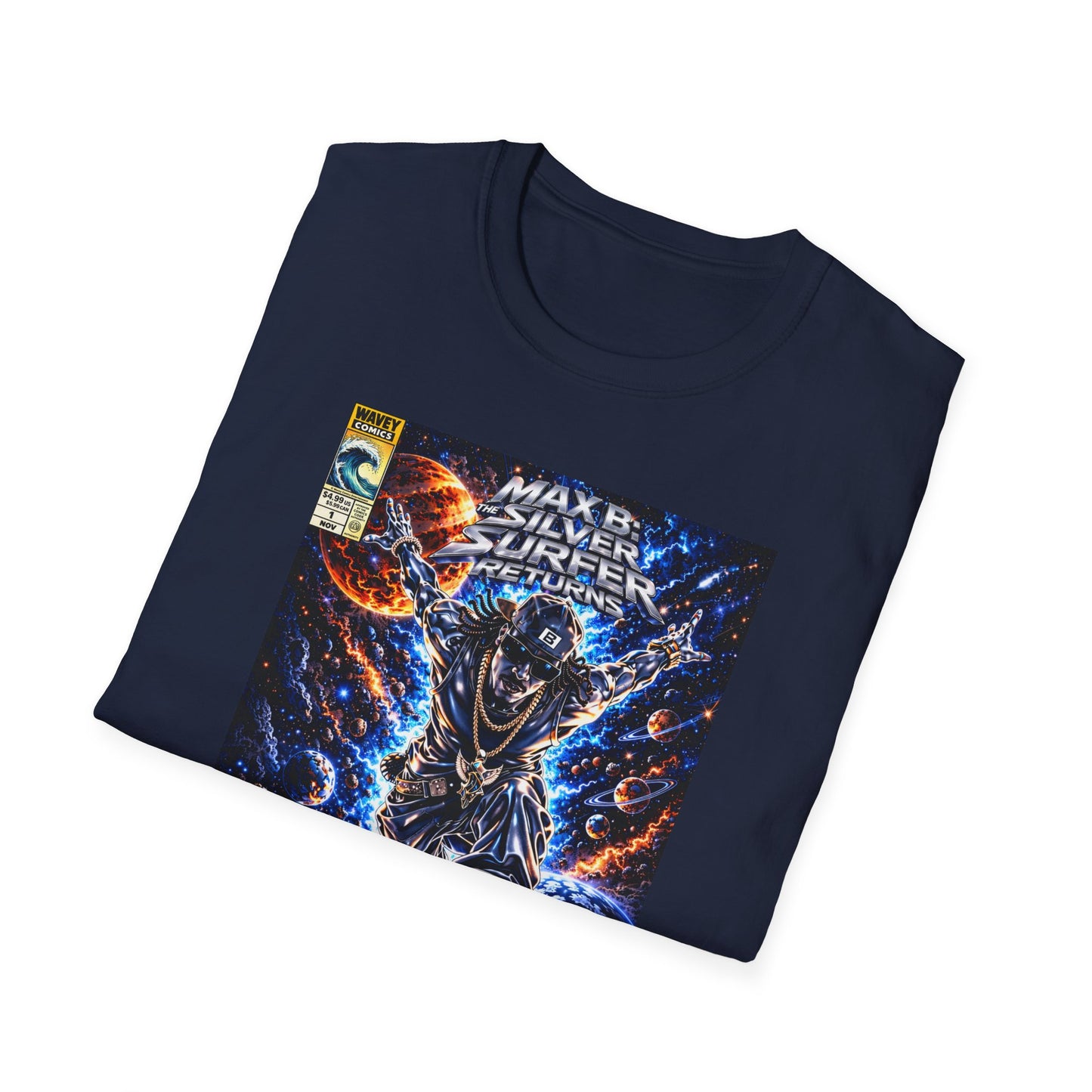 Riding the Cosmic Wave Hip-Hop Comic Mashup T-Shirt | Max B Silver Surfer Parody