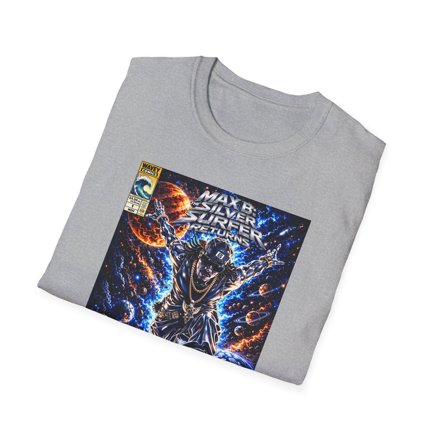 Riding the Cosmic Wave Hip-Hop Comic Mashup T-Shirt | Max B Silver Surfer Parody