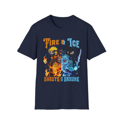 Fire & Ice Naruto & Sasuke MK Crossover Split Character T-Shirt | Anime/Videogame Mashup