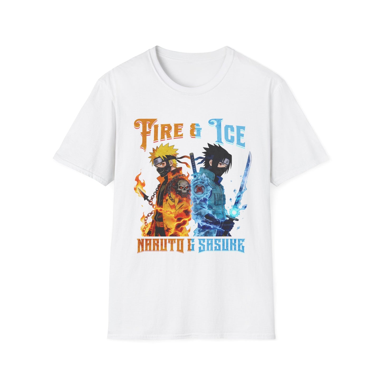 Fire & Ice Naruto & Sasuke MK Crossover Split Character T-Shirt | Anime/Videogame Mashup