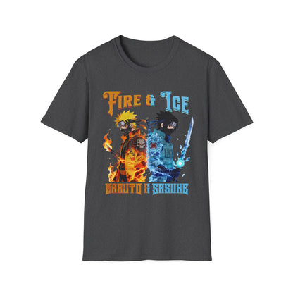 Fire & Ice Naruto & Sasuke MK Crossover Split Character T-Shirt | Anime/Videogame Mashup