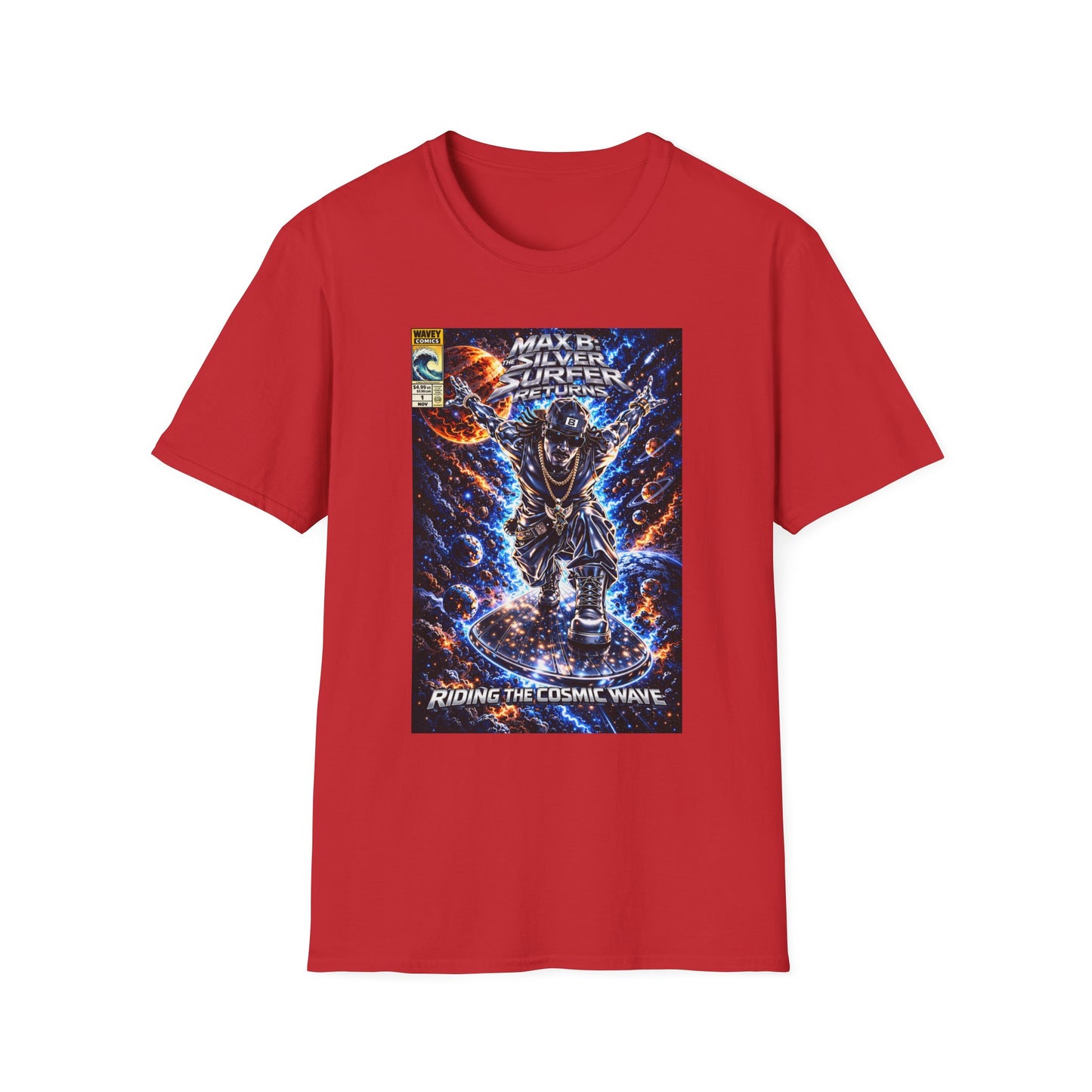Riding the Cosmic Wave Hip-Hop Comic Mashup T-Shirt | Max B Silver Surfer Parody