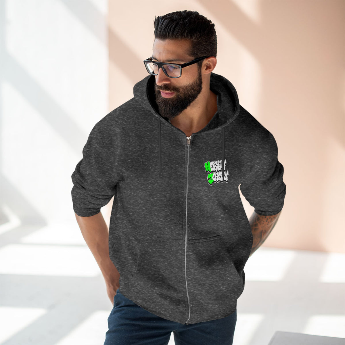 Nerdy Ninjas Unisex Zip Hoodie - Nerdy Jerzey Green - Perfect for Gamers and Comic Fans