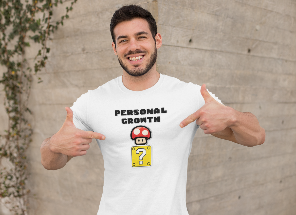 Retro Gaming Mushroom Power-Up Unisex T-Shirt - I Believe In Personal Growth, Video Game Shirt, Gamer Gift, Birthday Tee, Cute Casual Shirt