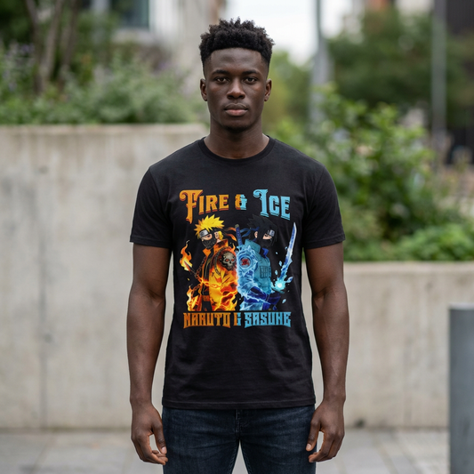 Fire & Ice Naruto & Sasuke MK Crossover Split Character T-Shirt | Anime/Videogame Mashup
