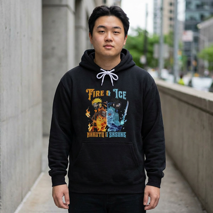 Fire & Ice Naruto & Sasuke MK Crossover Split Character Pullover Hoodie | Anime/Videogame Mashup