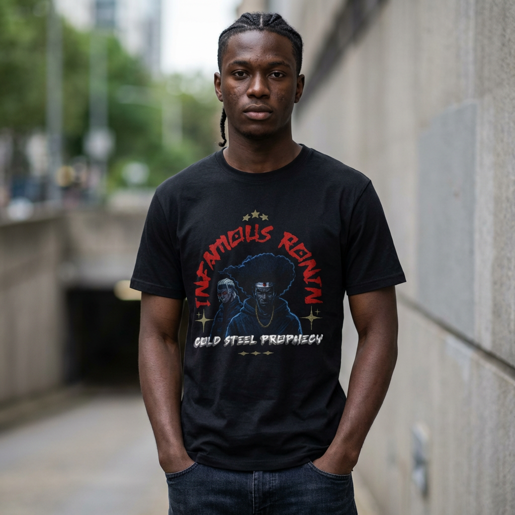 Infamous Ronin: Cold Steel Prophecy Faux Album T-Shirt | Afro Samurai Hip-Hop Tee, Anime Fan Gift