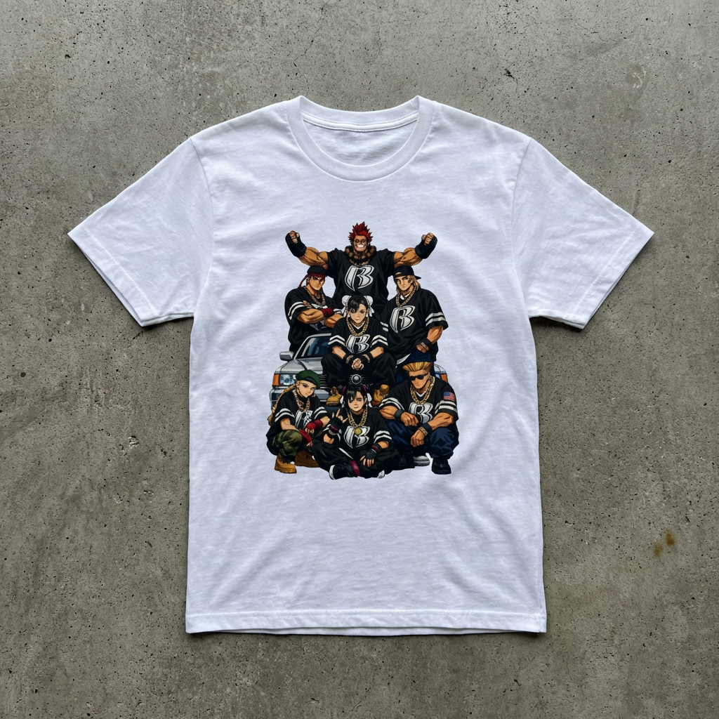 Street Fighter/Ruff Ryders Mashup Crew T-Shirt | Group Portrait, Retro Streetwear