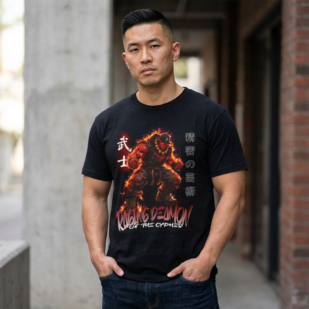 Akuma 'Raging Demon' Tee — Fiery Kanji Back Print, Street Fighter Parody