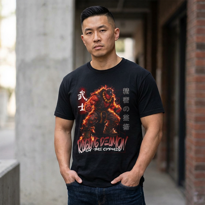 Akuma 'Raging Demon' Tee — Fiery Kanji Back Print, Street Fighter Parody
