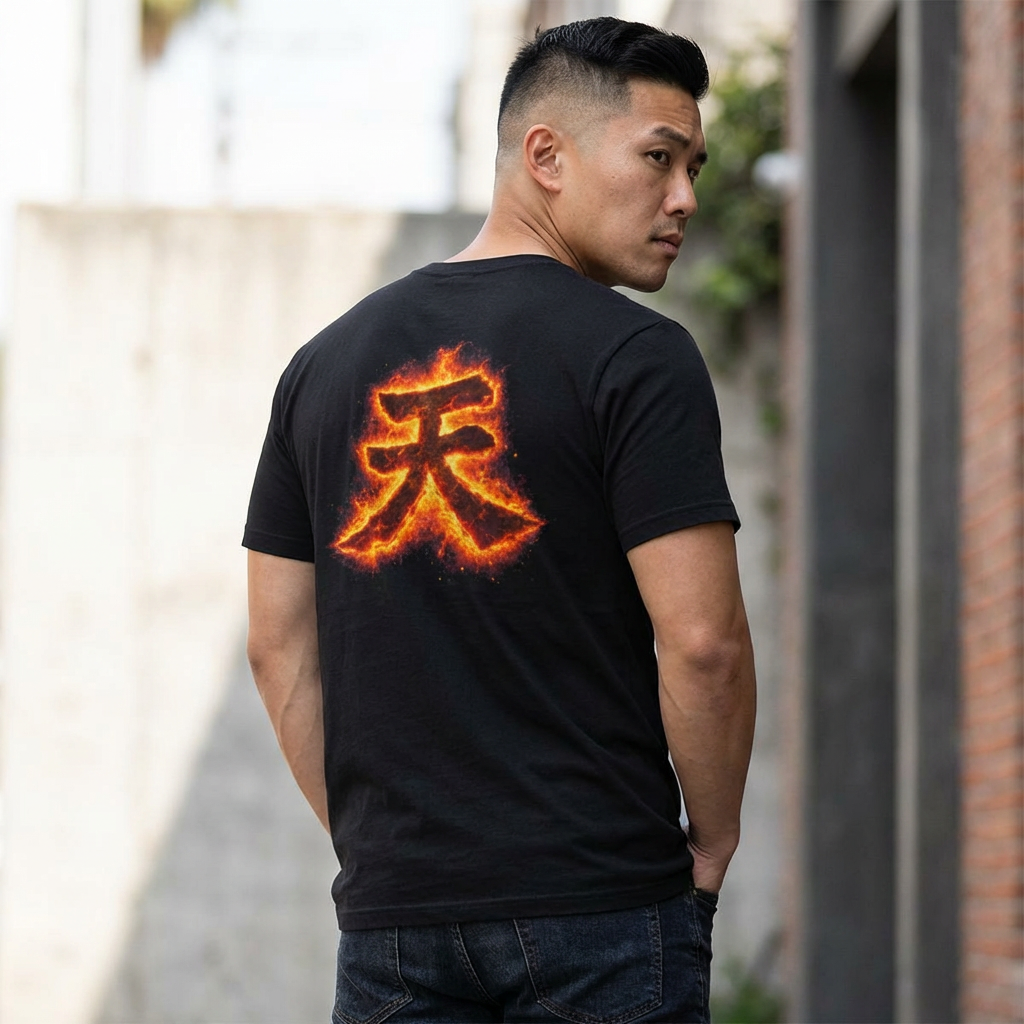 Akuma 'Raging Demon' Tee — Fiery Kanji Back Print, Street Fighter Parody