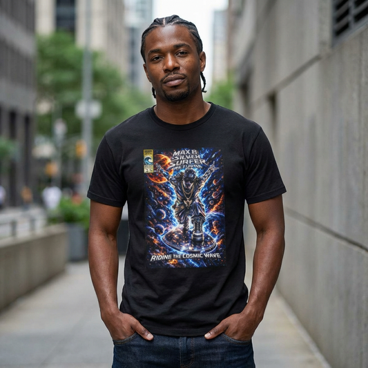 Riding the Cosmic Wave Hip-Hop Comic Mashup T-Shirt | Max B Silver Surfer Parody