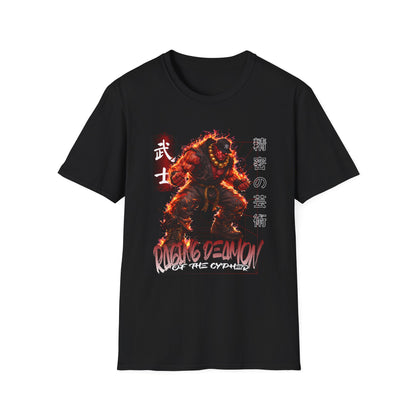 Akuma 'Raging Demon' Tee — Fiery Kanji Back Print, Street Fighter Parody