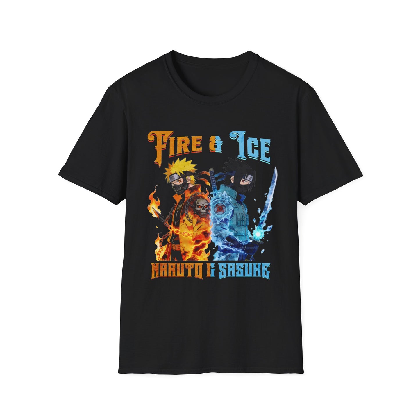 Fire & Ice Naruto & Sasuke MK Crossover Split Character T-Shirt | Anime/Videogame Mashup