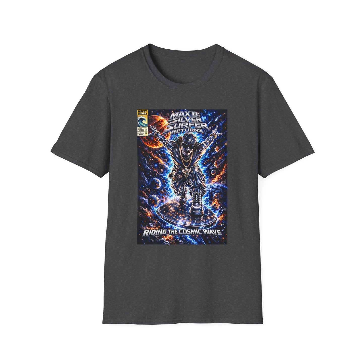 Riding the Cosmic Wave Hip-Hop Comic Mashup T-Shirt | Max B Silver Surfer Parody