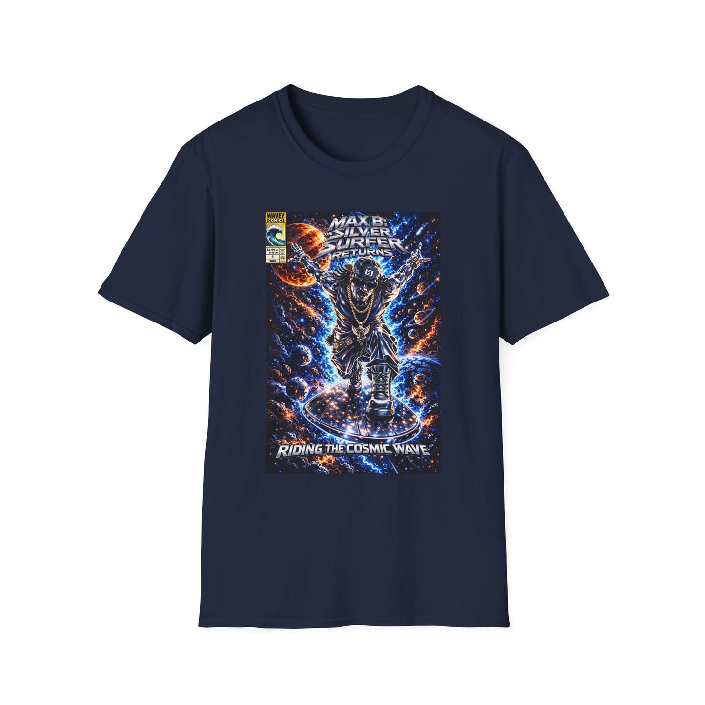 Riding the Cosmic Wave Hip-Hop Comic Mashup T-Shirt | Max B Silver Surfer Parody