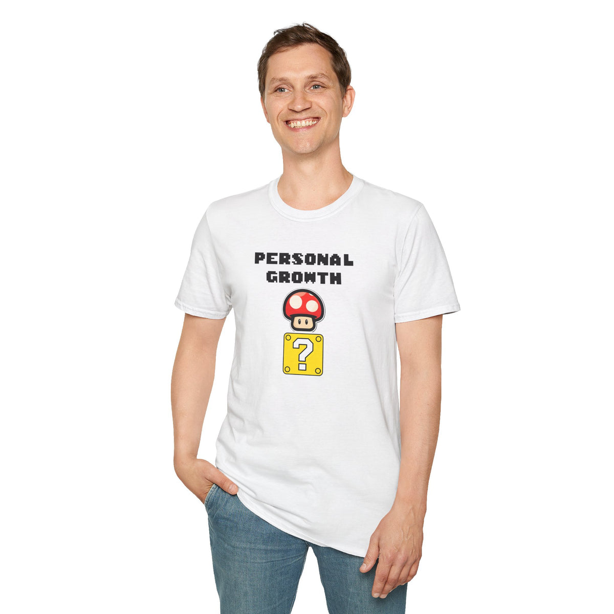 Retro Gaming Mushroom Power-Up Unisex T-Shirt - I Believe In Personal Growth, Video Game Shirt, Gamer Gift, Birthday Tee, Cute Casual Shirt