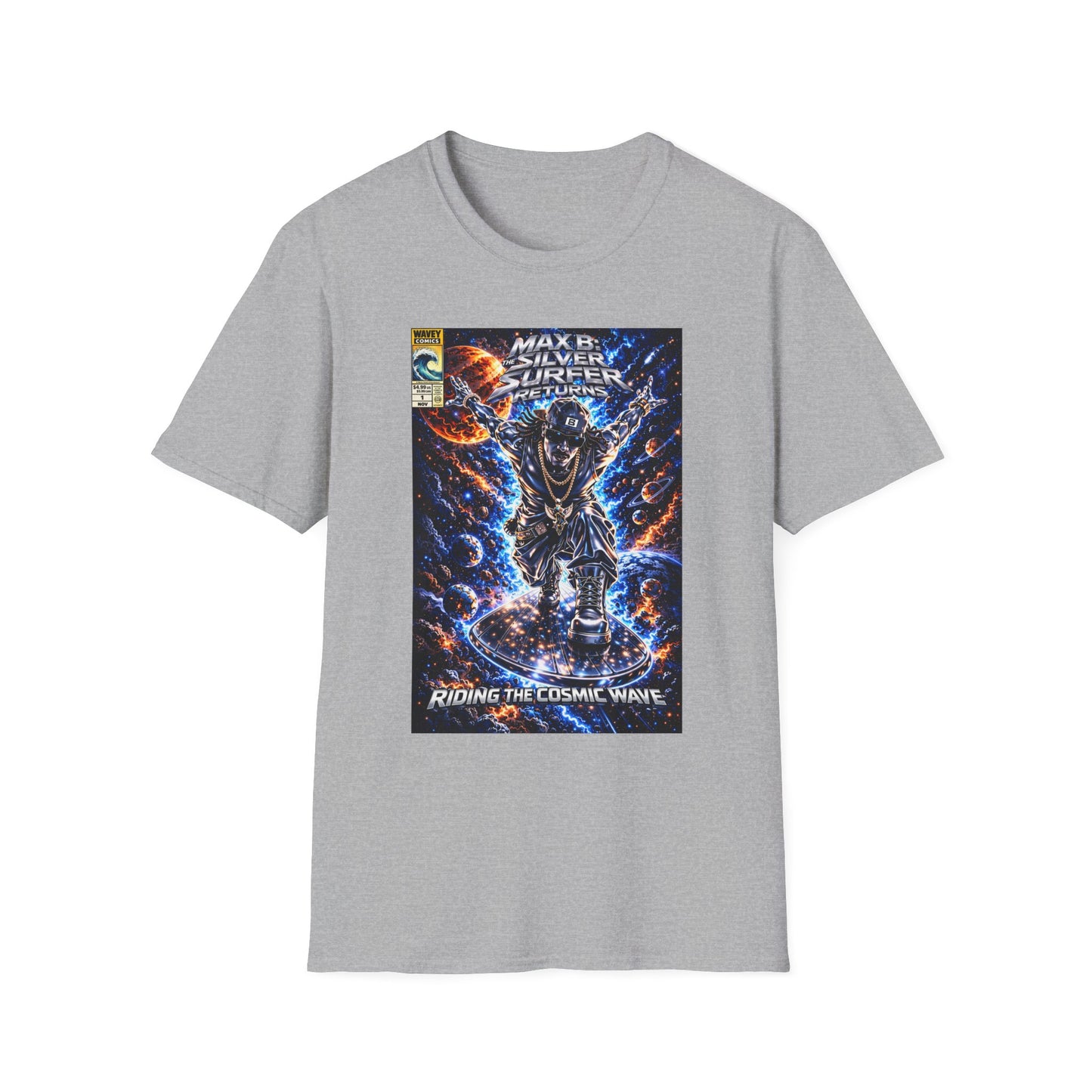 Riding the Cosmic Wave Hip-Hop Comic Mashup T-Shirt | Max B Silver Surfer Parody