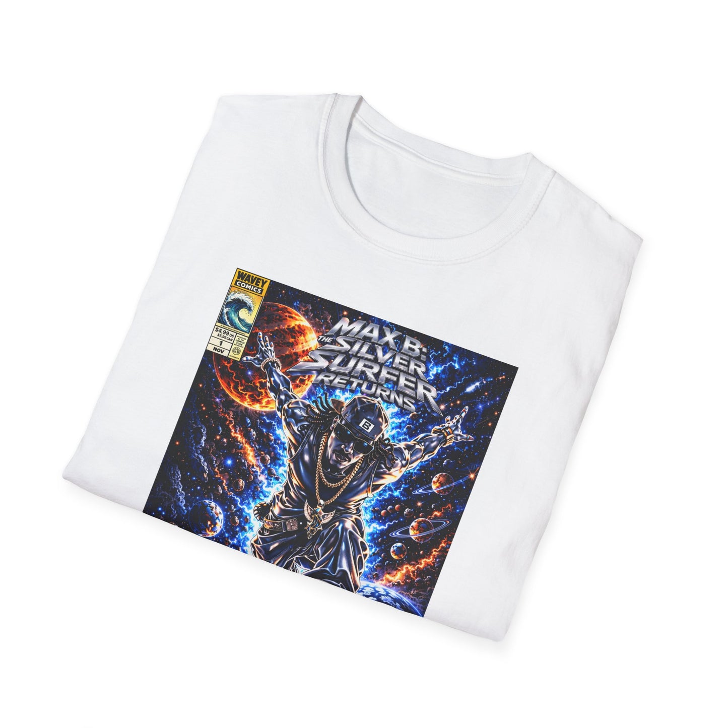 Riding the Cosmic Wave Hip-Hop Comic Mashup T-Shirt | Max B Silver Surfer Parody