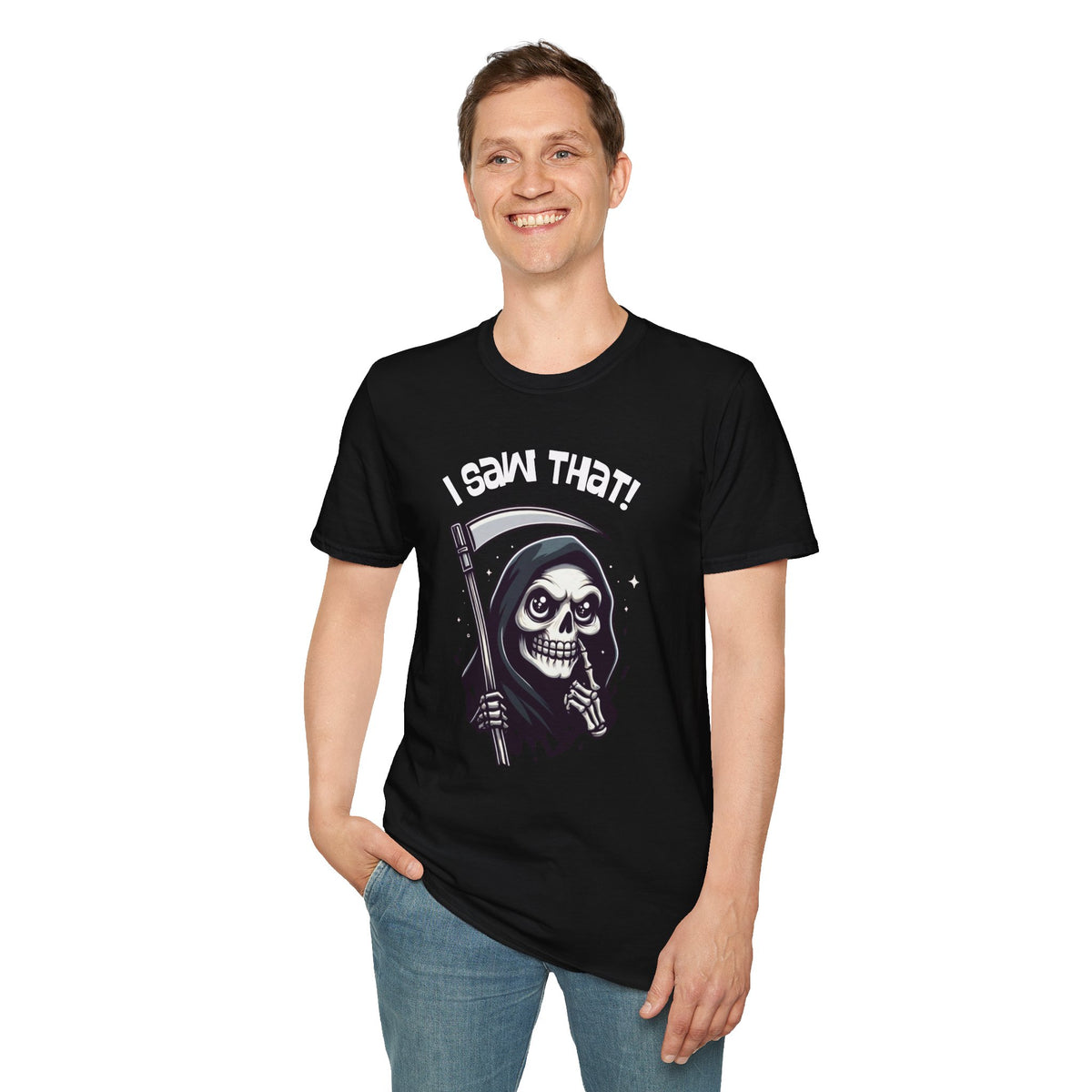 I Saw That! Funny/Spooky Grim Reaper Unisex Softstyle T-Shirt