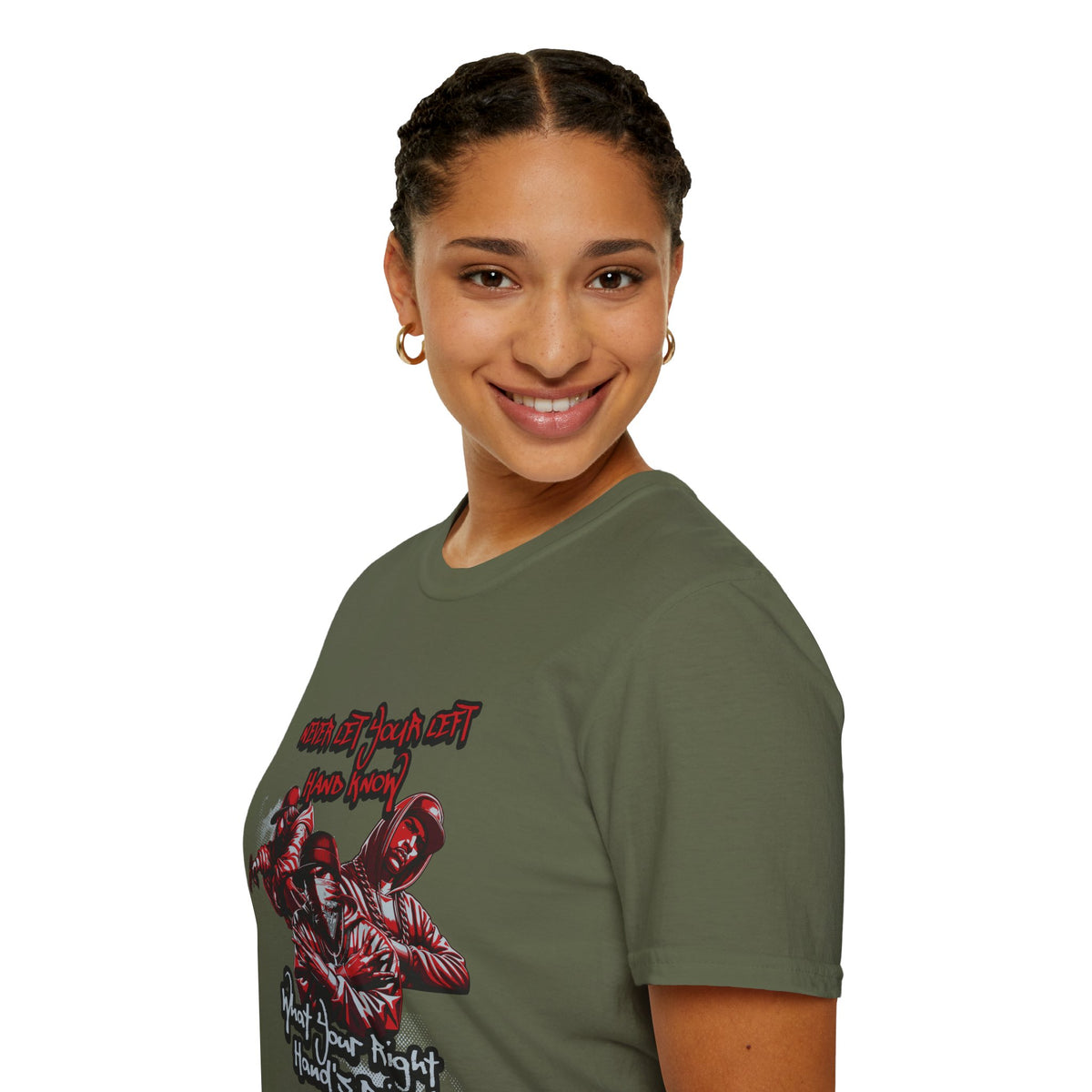 Never Let Your Left Hand Know Quote Urban Graphic T-Shirt, Cool Gift for Teens, Hip Hop Style Shirt, Casual Wear, Perfect for Streetwear